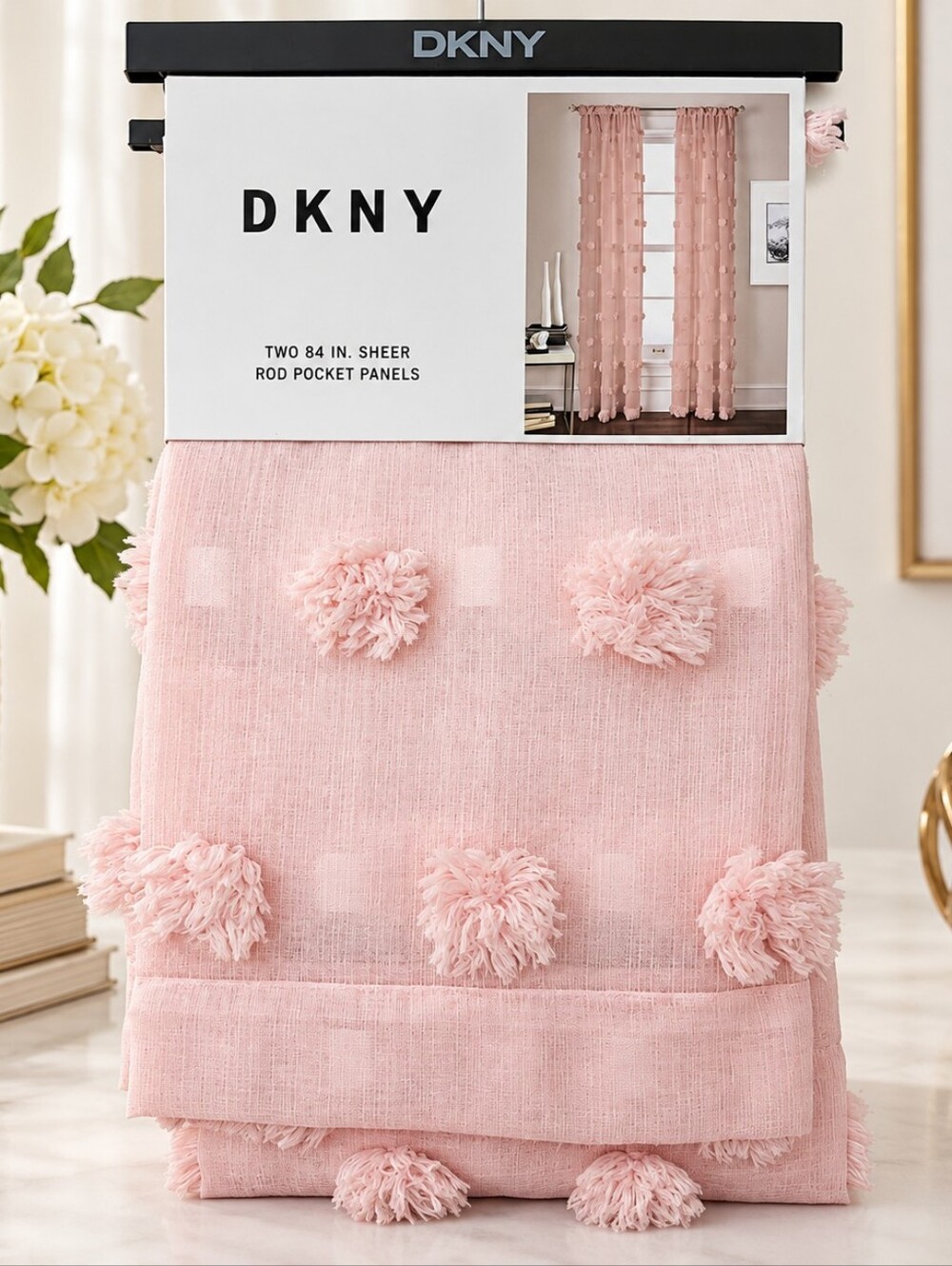 DKNY Sheer Light Pink Window Curtains S/ 2 Pom Pom Panels NEW